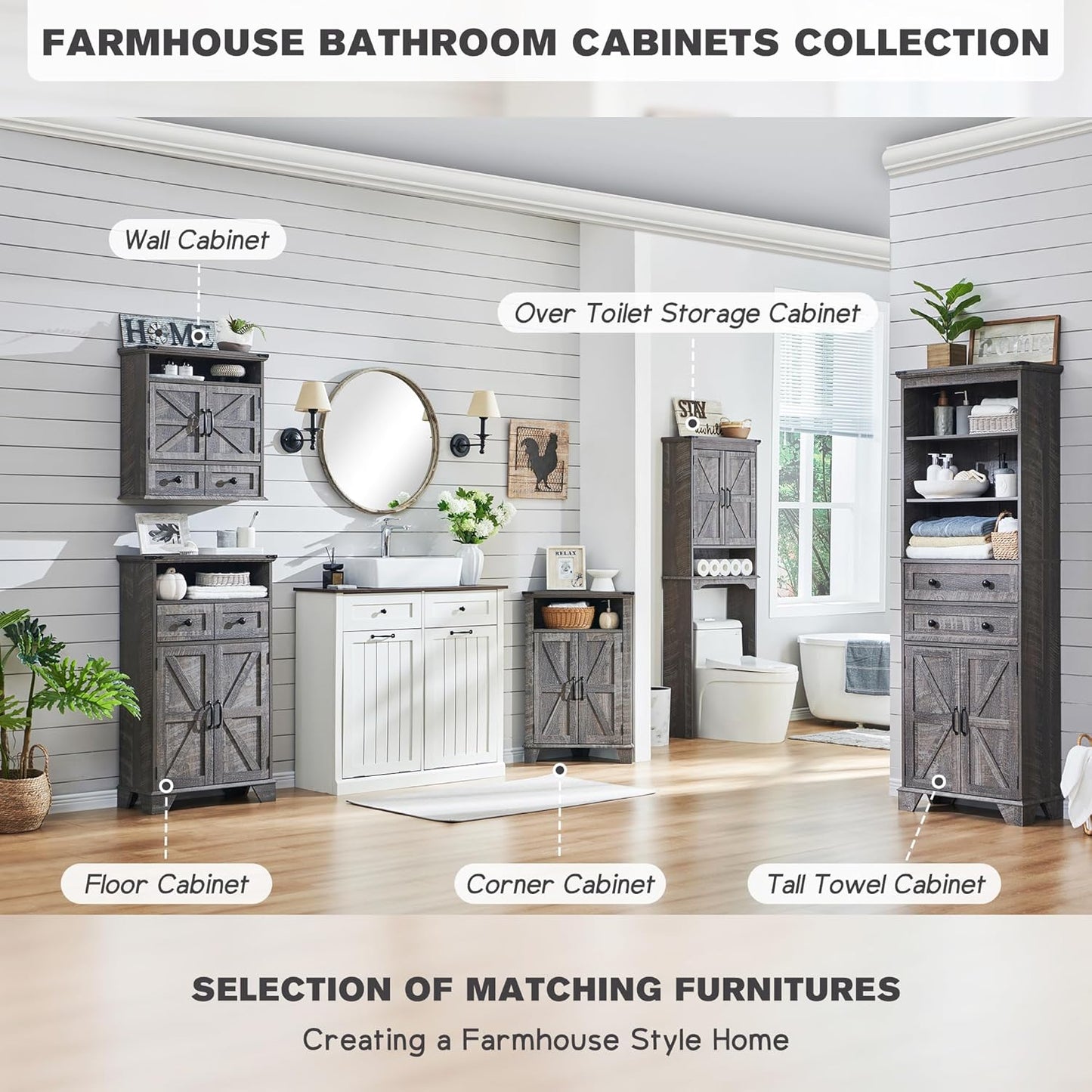 Bathroom Wall Cabinet, Farmhouse Medicine Cabinet, 24" Wide Cabinet with Drawer, Adjustable Shelf, Double Barn Doors, Storage Cabinet for Bathroom, Kitchen, Living Room, Grey Wash