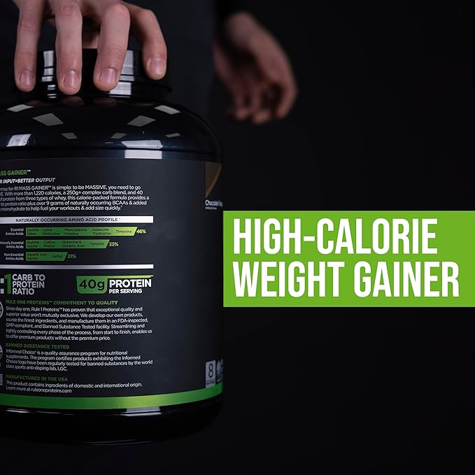Rule One Proteins, R1 Mass Gainer - Vanilla Crème, High-Calorie Weight Gain Formula with 1,220+ Calories, 250g+ Complex Carb Blend, 40g All-Whey Protein, 8g Fat Per Serving, 6 Pounds, 8 Servings