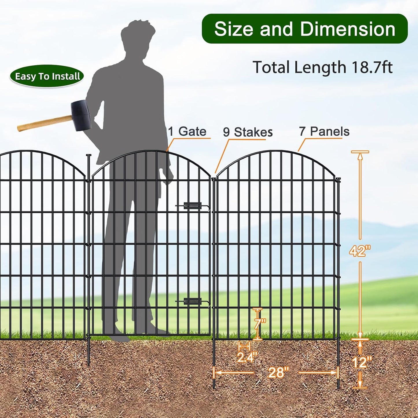Metal Garden Fence with Gate 42in (H) x 18.7ft (L), 1 Gate+ 7 Panels Dog Fences Border Fence Animal Barrier, No Dig Garden Fencing for Yard Flower Bed Lawn Patio Outdoor, ECG4208G, Black