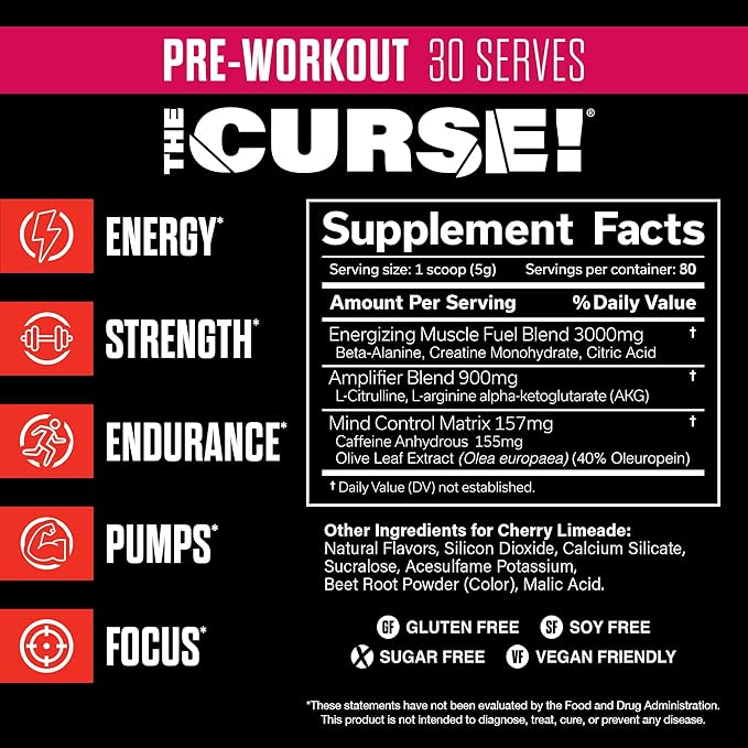 JNX SPORTS The Curse! Pre Workout Powder - Cherry Limeade 30 Servings | Preworkout: Boost Strength, Energy + Focus for Men & Women | Caffeine, Beta-Alanine, Creatine & L-Citrulline
