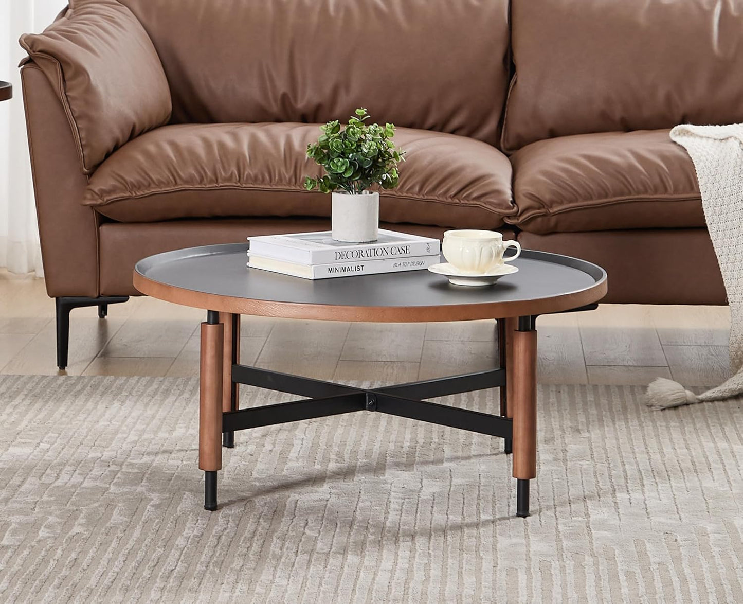 EALSON 31.25" Round Coffee Table Mid Century Modern Coffee Tables with Black Metal Legs/Wooden Top Circle Accent Center Table for Living Room Reception Apartment Office,Walnut