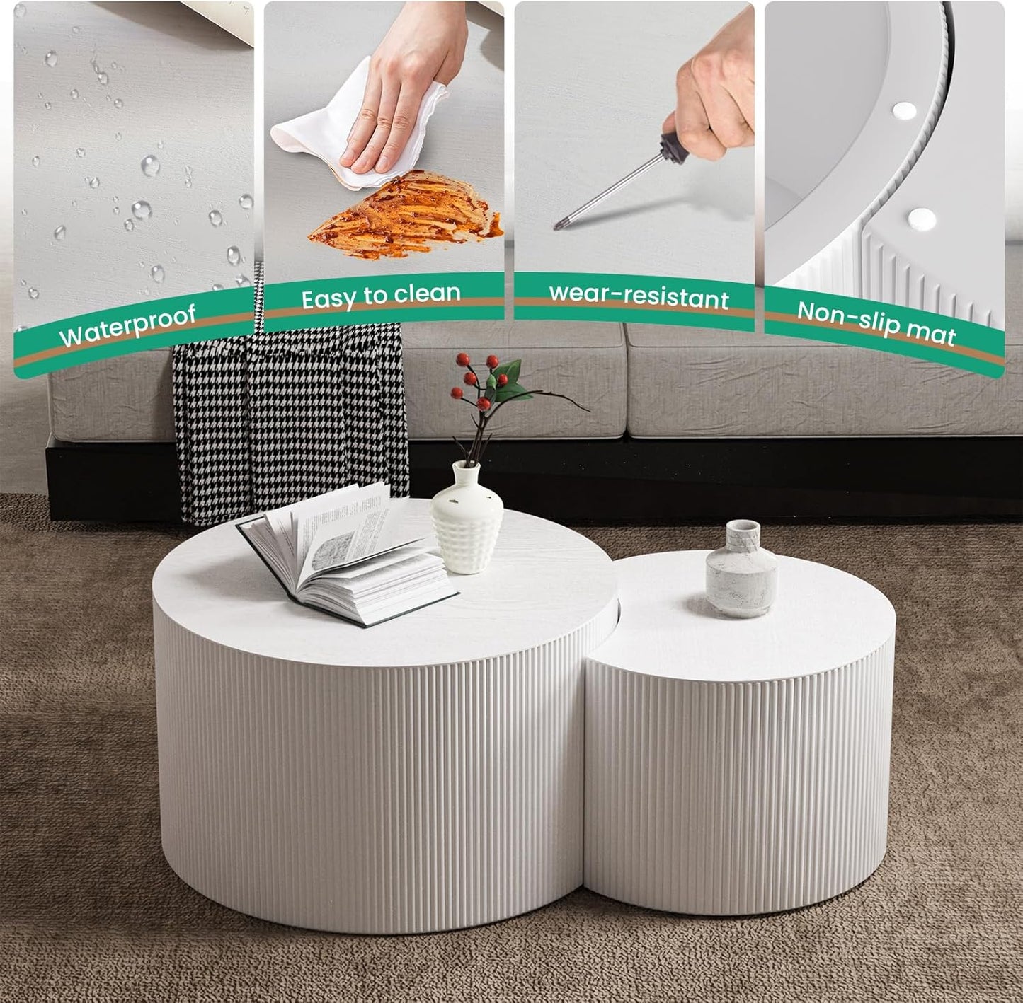 Round Nesting Coffee Table Set of 2 Handcraft Circle Fluted Nesting Coffee Tables Circular Side Table Drum Accent End Tables for Living Room Bedroom (White B Large)