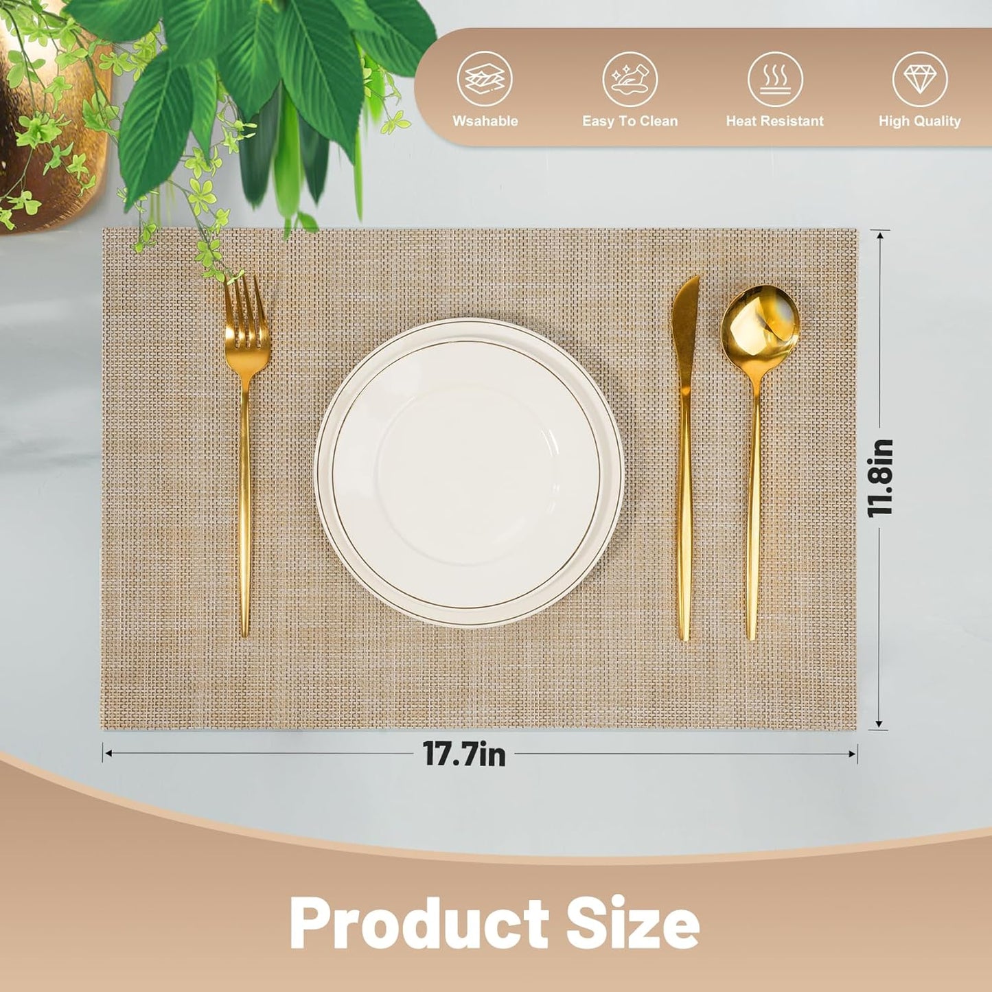 Placemats Set of 12,Non-Slip PVC Weave Table Mats Easy to Clean,Heat Resistant Place Mats for Kitchen Dining Table Decoration Indoor Outdoor,Beige