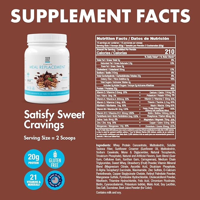 Yes You Can! Complete Meal Replacement - 15 Servings, 20g of Protein, 0g Added Sugars, 21 Vitamins and Minerals - All-in-One Nutritious Meal Replacement Shake (Chocolate)