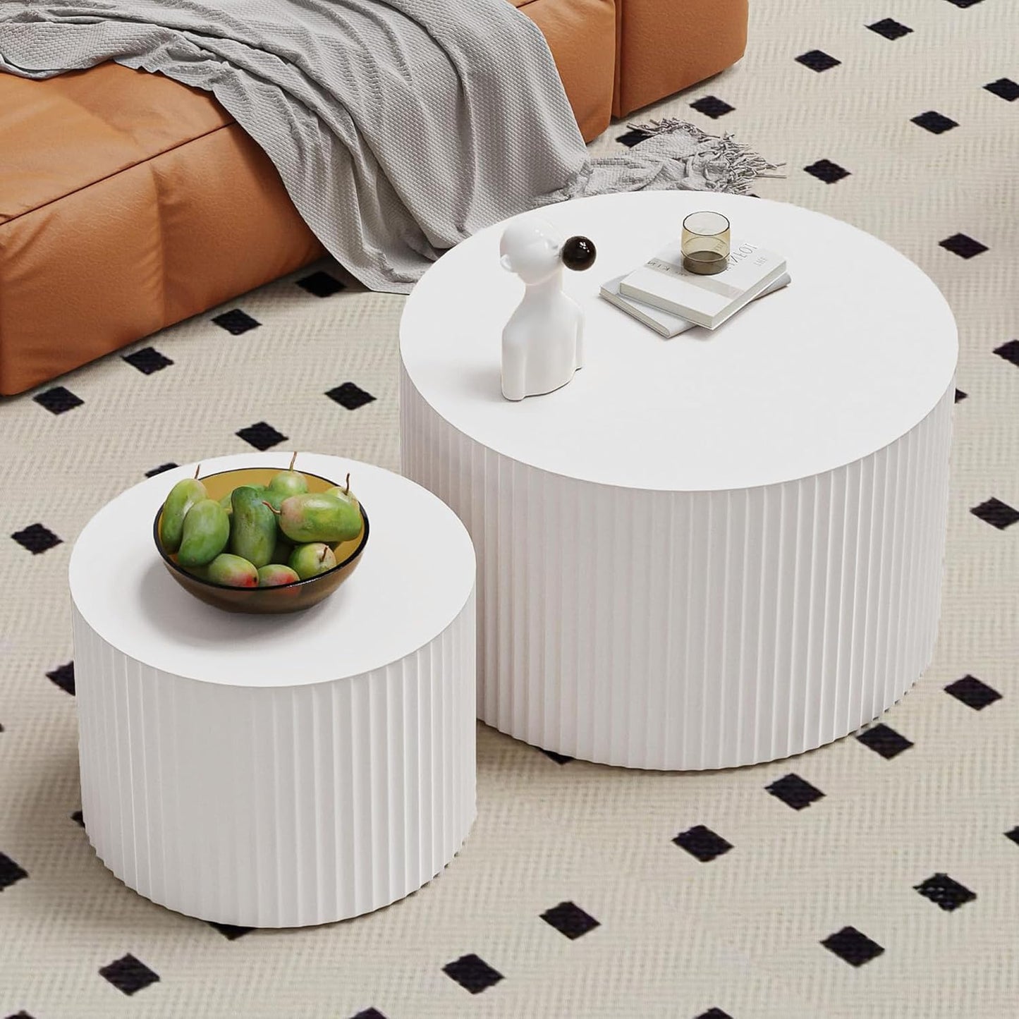 Round Nesting Coffee Table Wood Drum Nesting Tables Modern Stacking Coffee Table Set of 2 Fluted Center Table End Table for Living Room Home Office Small Spaces, No Assembling (Beige Large)