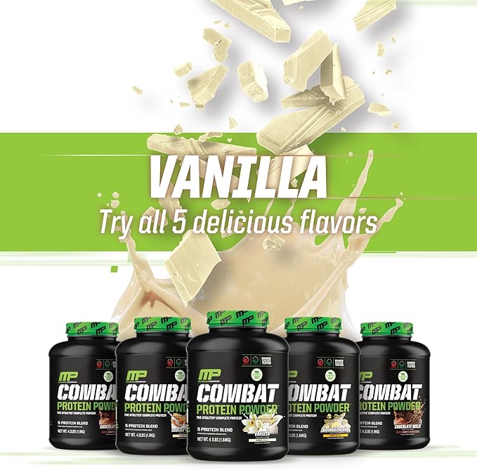 MusclePharm Combat Protein Powder, Vanilla Flavor, Fuels Muscles for Productive Workouts, 5 Protein Sources including Whey Protein Isolate & Egg Albumin, Gluten Free, 4 lb, 52 Servings