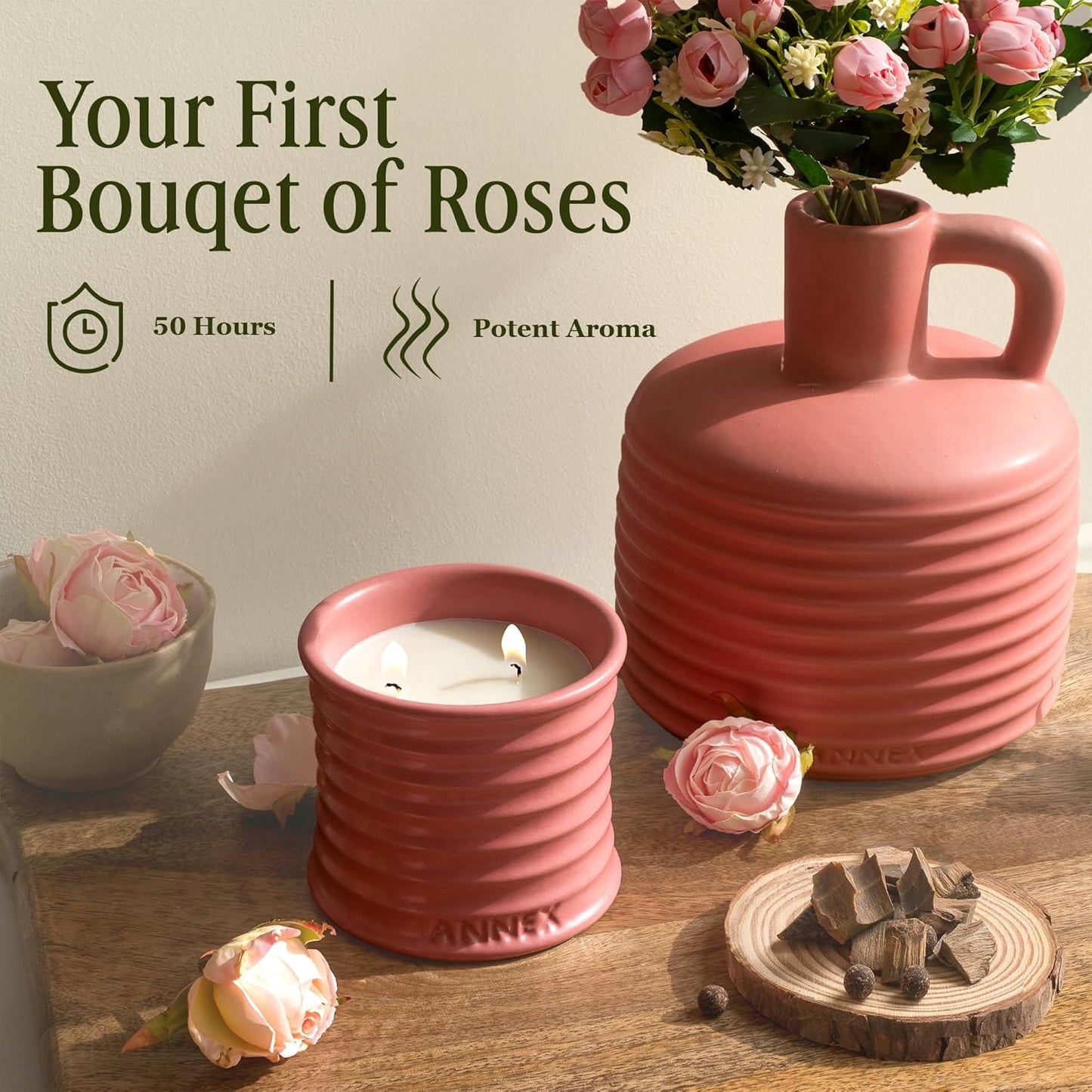 Scented Luxury Candles in Handmade Ceramic Jars, Soy Wax | Canal Rose โ Rose Bud & Oud Scented, Large Candle | Non Toxic, 2 Wicks, Reusable Big Pink Jar | Natural Spring Aromatherapy for Women & Men