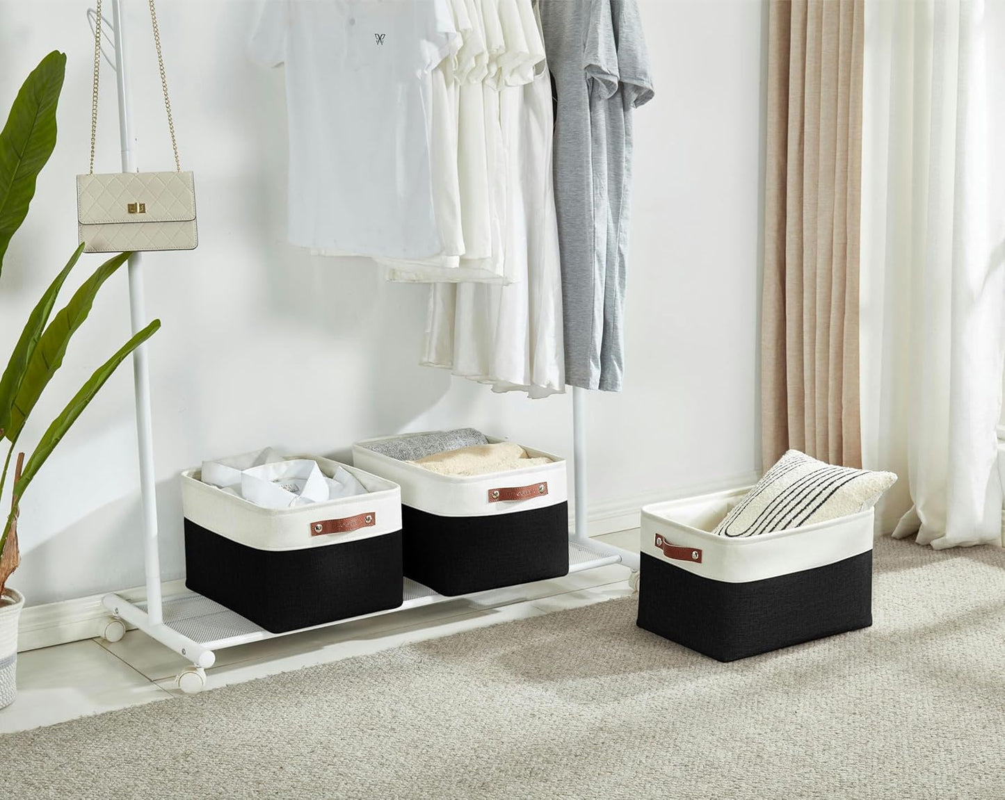 DECOMOMO Storage Bins Fabric Storage Baskets for Shelves, Linen Closet Organization Toys Nursery (Black and White, Large - 4 Pack)