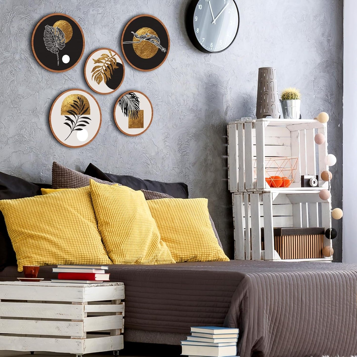 Qunclay 5 Pcs Wall Art Decor Wooden Living Room Wall Decor Bohemian Hanging Farmhouse Geometric 10'' and 8'' Aesthetic Wood Minimalist Posters for Bedroom(Rustic, Leaf)