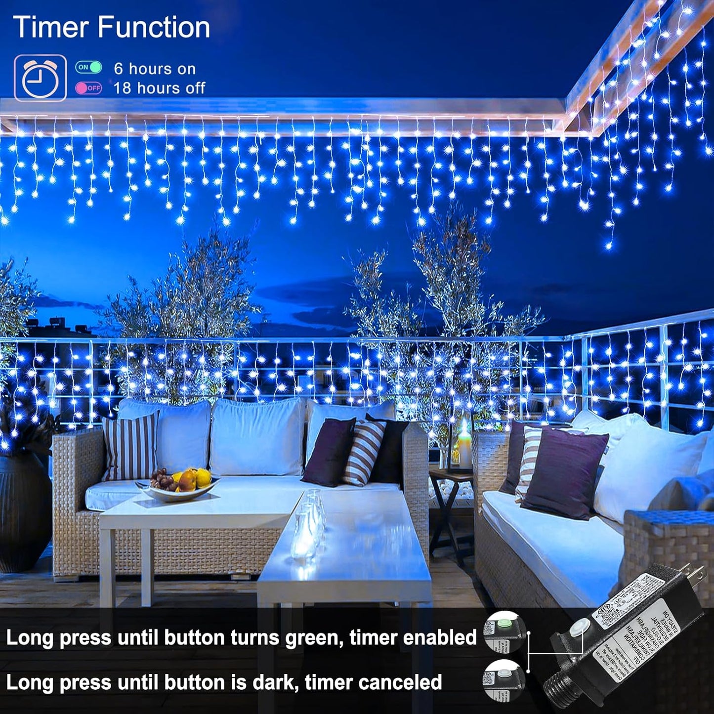 Blue Christmas Lights Outdoor, 66ft 640 LED Icicle Lights for Outside House with Connectable Clear Wire 8 Modes Timer, Plug in Waterproof for Home Holiday Eaves Patio Yard Party Room Indoor Decoration