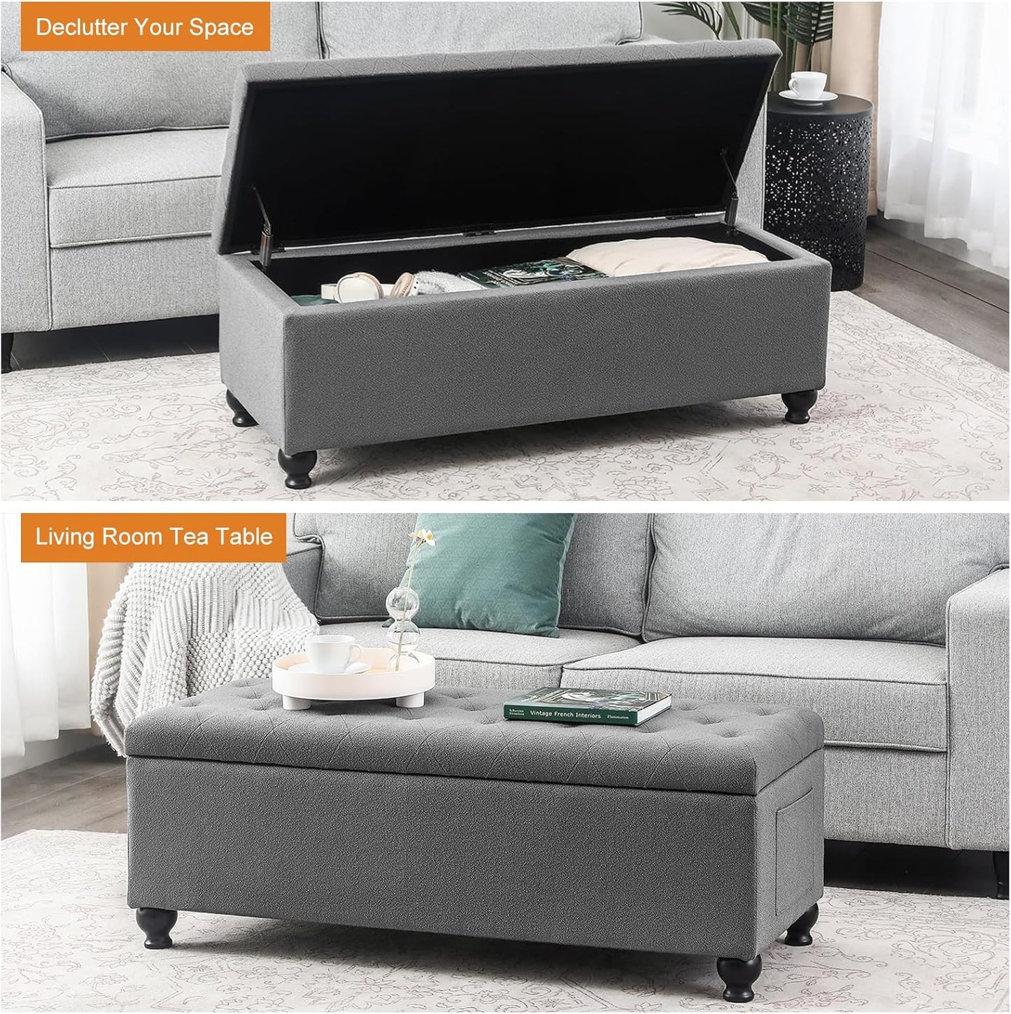 Storage Ottoman Bench 46 Inch Ottoman Bench with Storage Fabric Tufted Benches for End of Bed, Upholstered Ottomans Benches King Size with Hinged Lid for Living Room Bedroom Grey