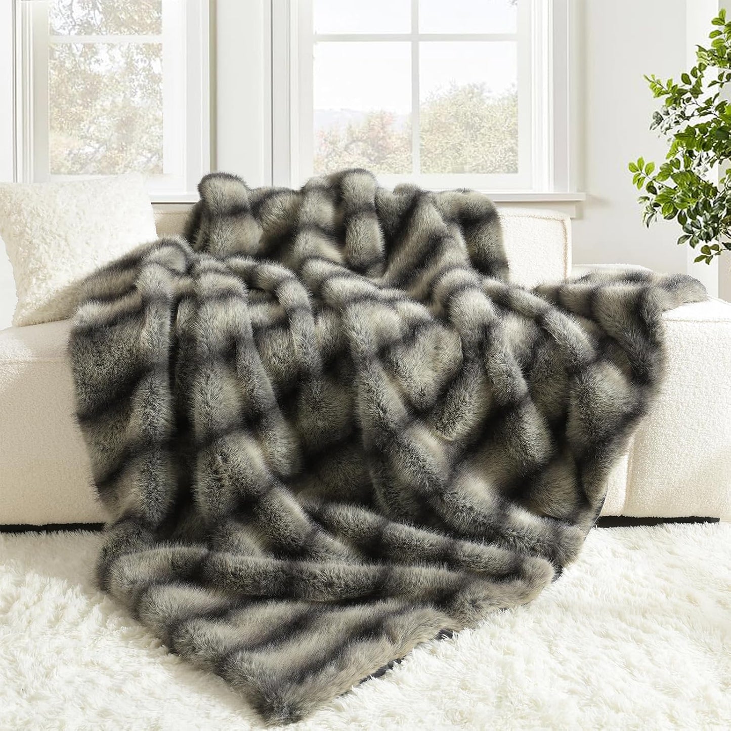HORIMOTE HOME Luxury Faux Fur Throw Blanket, Non-Shedding 60"x80" Fur Blanket Throw, Ultra Soft Blankets for Bed, Couch and Sofa, Premium Soft, Thick Fluffy Throws, Gray Black Stripes