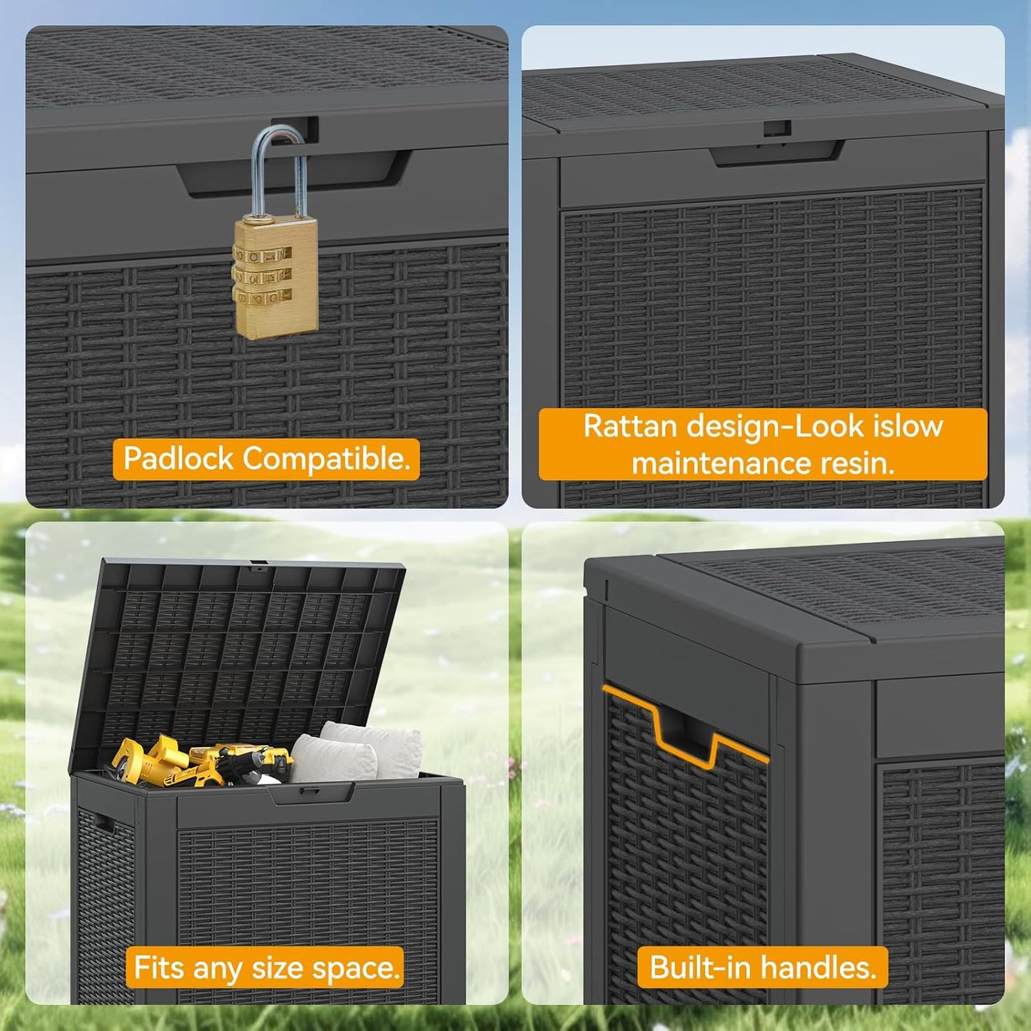 NUNU LAB 30 Gallon Waterproof Outdoor Storage Box, Lockable Resin Deck Box Bench for Patio Cushions, Garden Tools, Pool Accessories & Package Deliveries โ Black