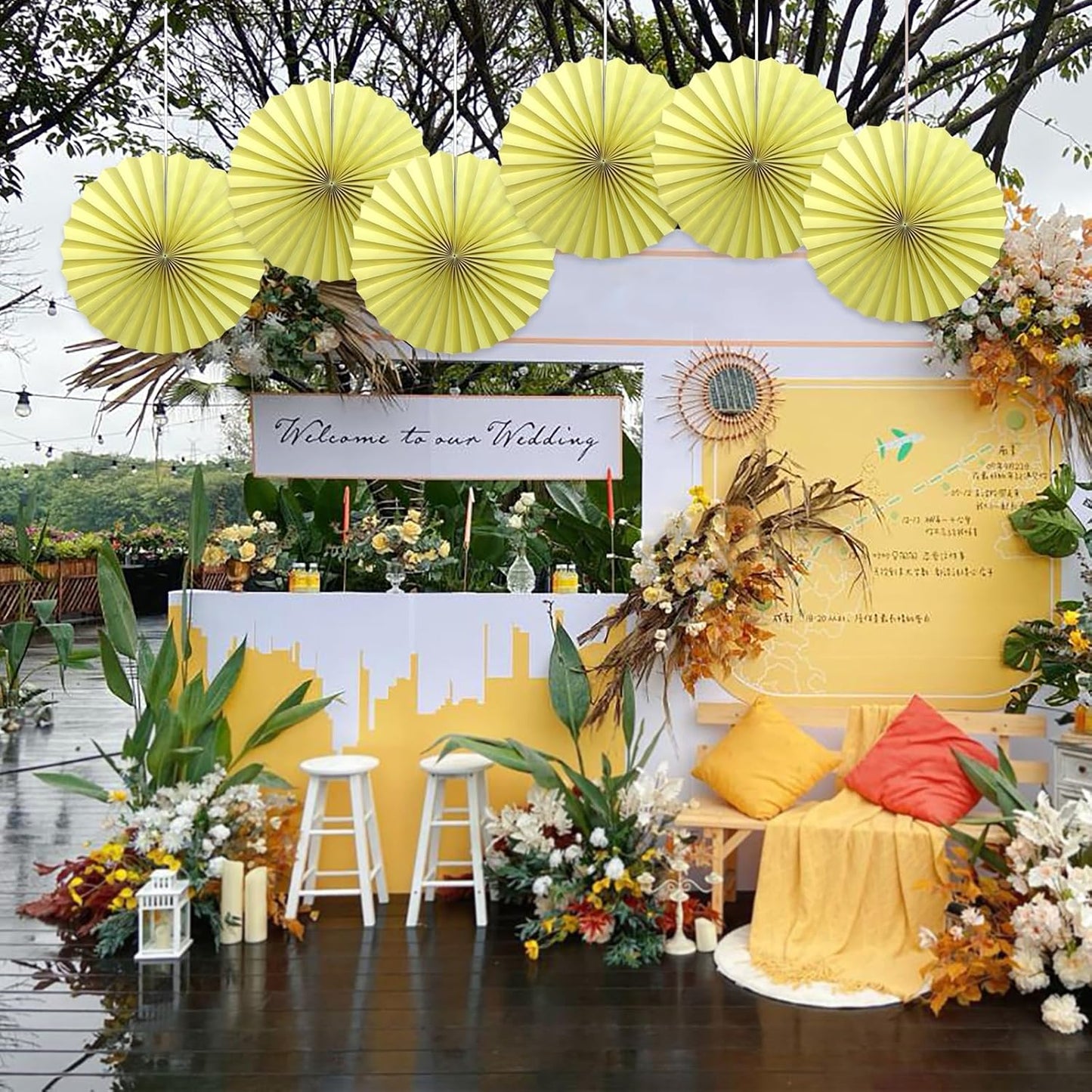 BARTHEW Yellow Hanging Paper Fans,Yellow Accessories Paper Decorations for Party,Color Party Decorations,Bee Themed Classroom Decor,16in Hanging Paper Fans 30 Color DIY Set (Light Yellow)