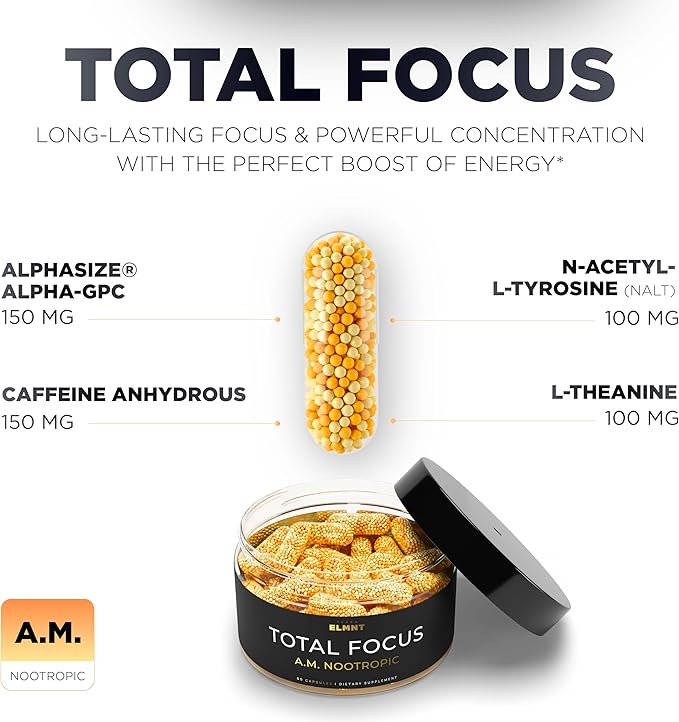 AMPM Nootropic Total Focus + Calm 9X Strength w. Caffeine, L-Theanine, Alpha GPC, L-Tyrosine, Ashwagandha - X-Release Energy Pills Nootropics Brain Support Supplements for Memory and Focus Supplement