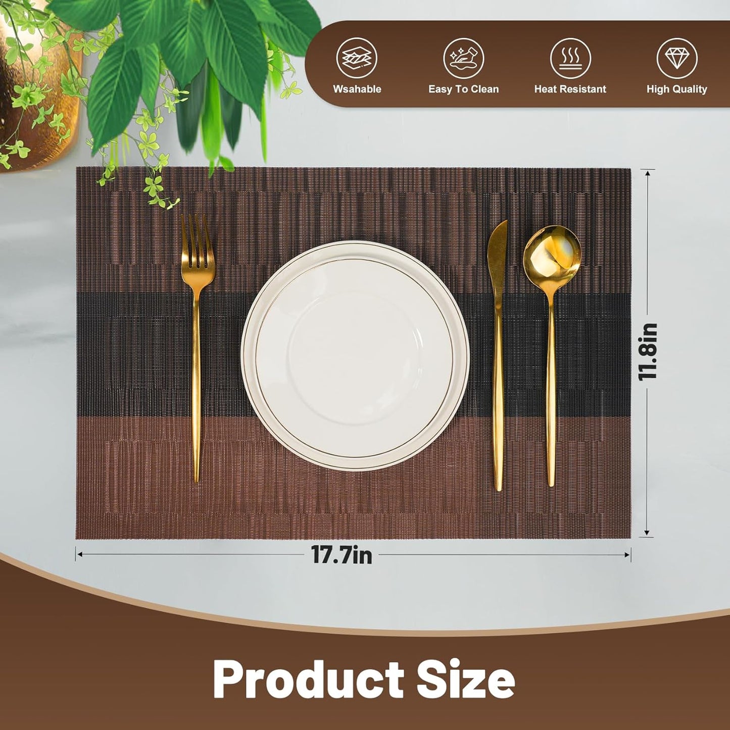 Placemats Set of 8,Non-Slip PVC Weave Table Mats Easy to Clean,Heat Resistant Place Mats for Kitchen Dining Table Decoration Indoor Outdoor,Black Brown