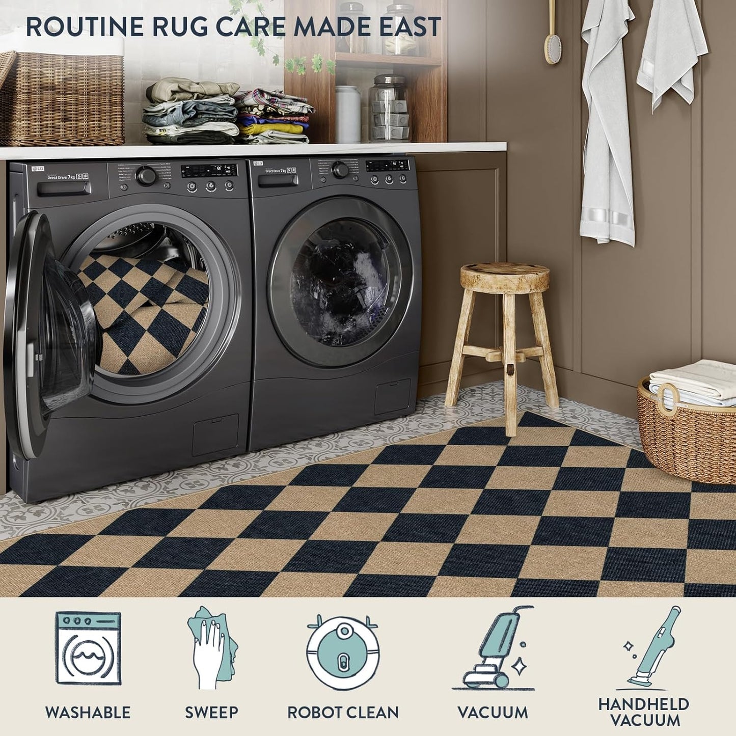 Lahome Checkered Easy Jute Kitchen Rug, 2x3 Front Door Mat Non Slip Washable Neutral Area Rug, Farmhouse Diamond Non Shedding Low Pile Floor Carpet for Entryway Porch Doorway