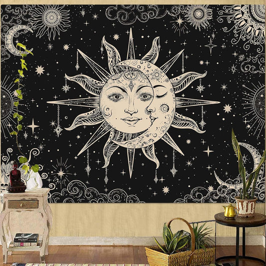 Lunerfex Sun and Moon Tapestry Mandala Wall Tapestry, Vintage Tapestries for Bedroom Ceiling Tapestries Wall Hanging for Bedroom Living Room Decor Sun-2 70"x90"