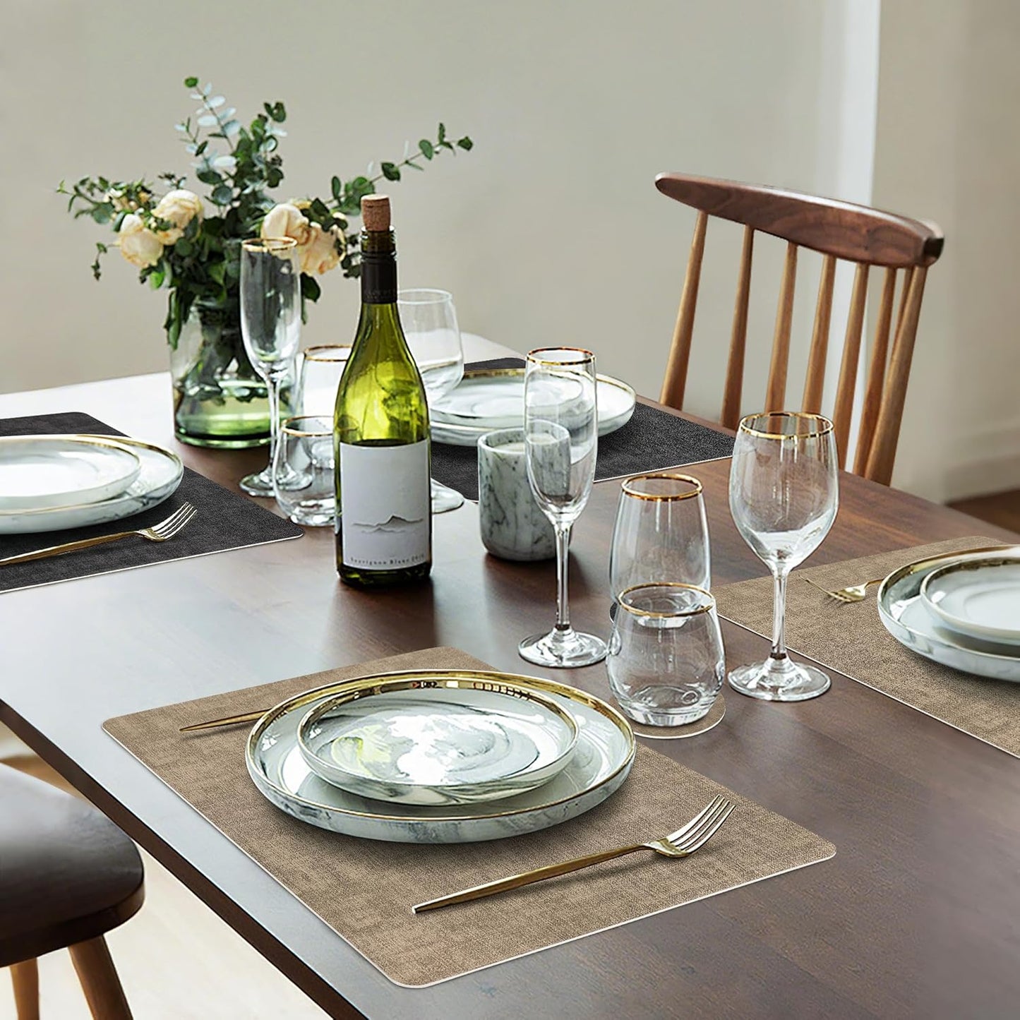 Faux Leather Dual Sided Placemats Set of 6, Square Non-Slip Heat Resistant Placemats with Coaster, Reversible wipeable Waterproof Table Mats for Kitchen, Dining, Outdoor (6, Black Light Coffee)