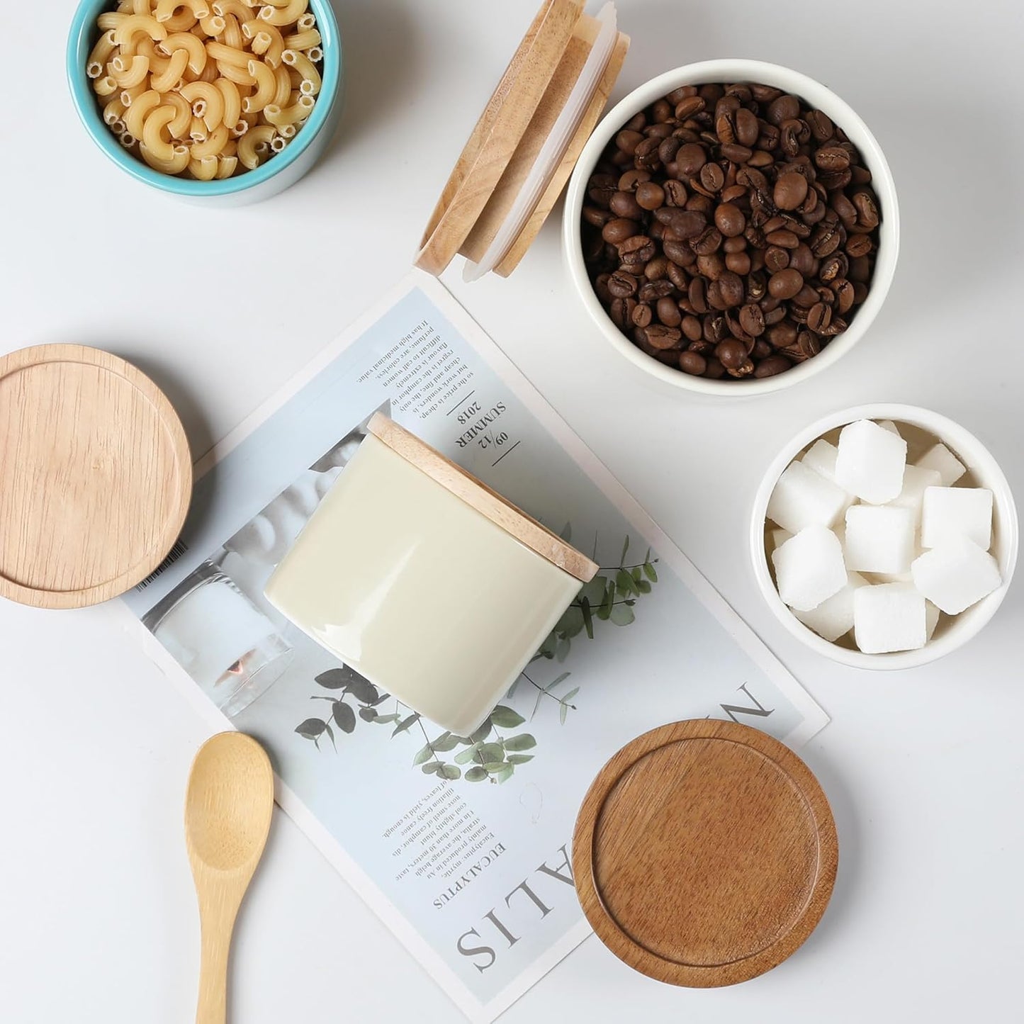 Sweejar Kitchen Canisters Ceramic Food Storage Jar, Stackable Containers with Airtight Seal Wooden Lid for Serving Ground Coffee, Tea, Sugar, Spice and More - 5 Fl Oz(Gradient Blue)