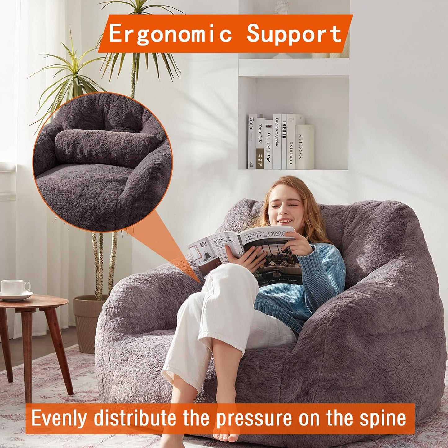 Bean Bag Chair for Adults with Pillow,Oversized Bean Bag Couch Chairs for Adults,Giant Lazy Couch Sofa Chairs with Filler,Large Reading Chair for Living Room Bedroom,Dark Gray