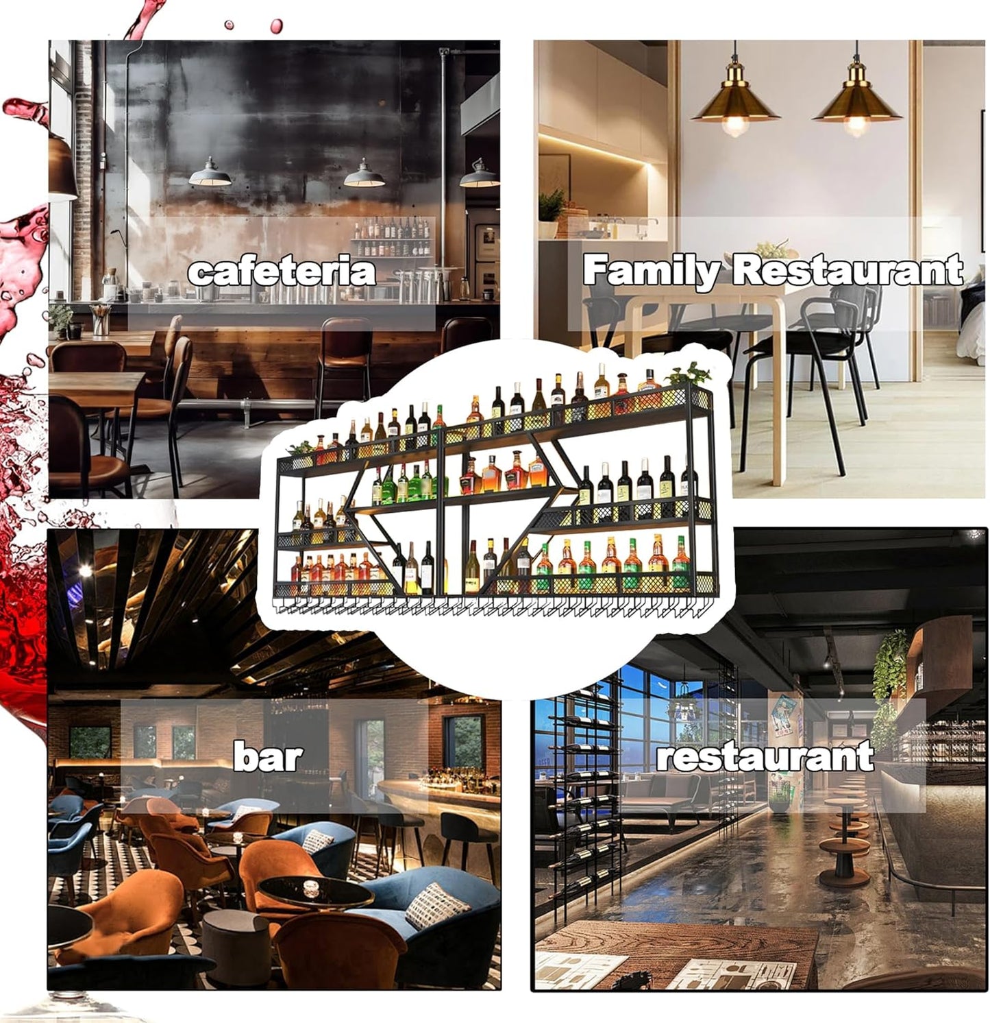 Wall Mounted Wine Rack with Glass Holder, 3-Tier Metal Storage Shelf, Black Diamond Design, Wine Bottle Display with Stemware Storage (Black, 39.37in/Right)