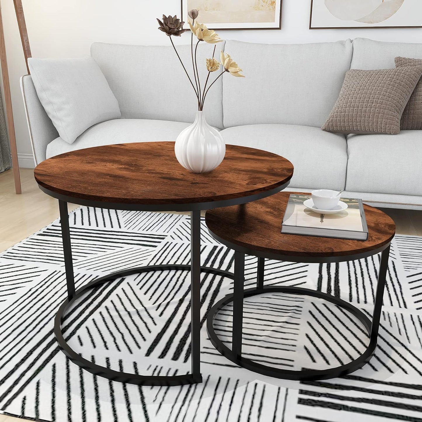 HOMERECOMMEND Round Coffee Table Set of 2 Modern Nesting Side End Table for Living Room,Round Wooden Coffee Table with Solid Powder-Coated Metal Frame, Rustic Brown/Black