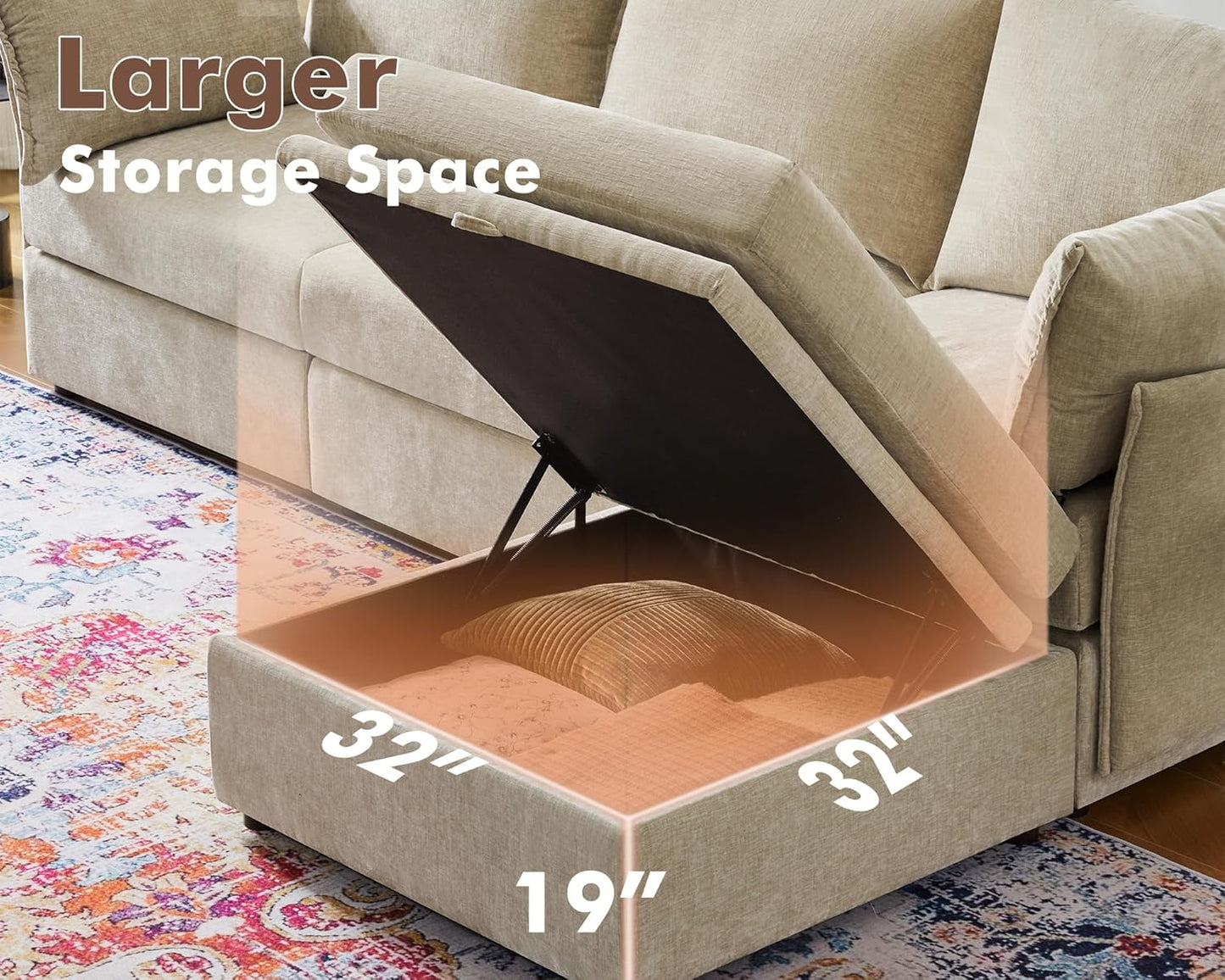 Luxury Modular Sectional Sofa, L-Shaped 3-Seat Couch with Storage Ottoman Deep Seat & Reversible Chaise Lounge Chenille Beige for Compact Spaces, Apartments, Dorm