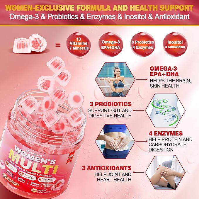 Sugar-Free Women's Multivitamin Gummies - Multivitamin Filled Gummies with Omega-3, Enzymes & Antioxidant Blend to Support Overall Health, Immunity, Hair, Nails & Skin Health. Womens Vitamins - 120 ct