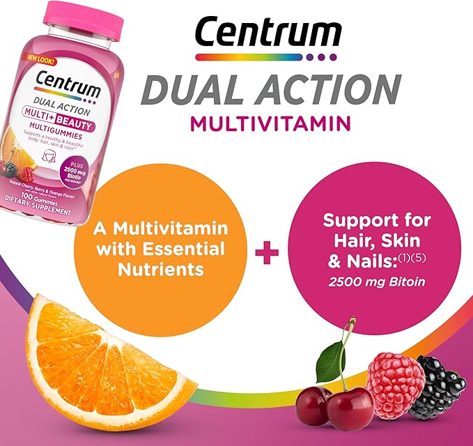 Centrum MultiGummies Multi+ Beauty Dual Action Multivitamin, Specially Designed with Biotin for Healthy Hair, Skin and Nails, Cherry/Berry/Orange Flavors - 100 Count