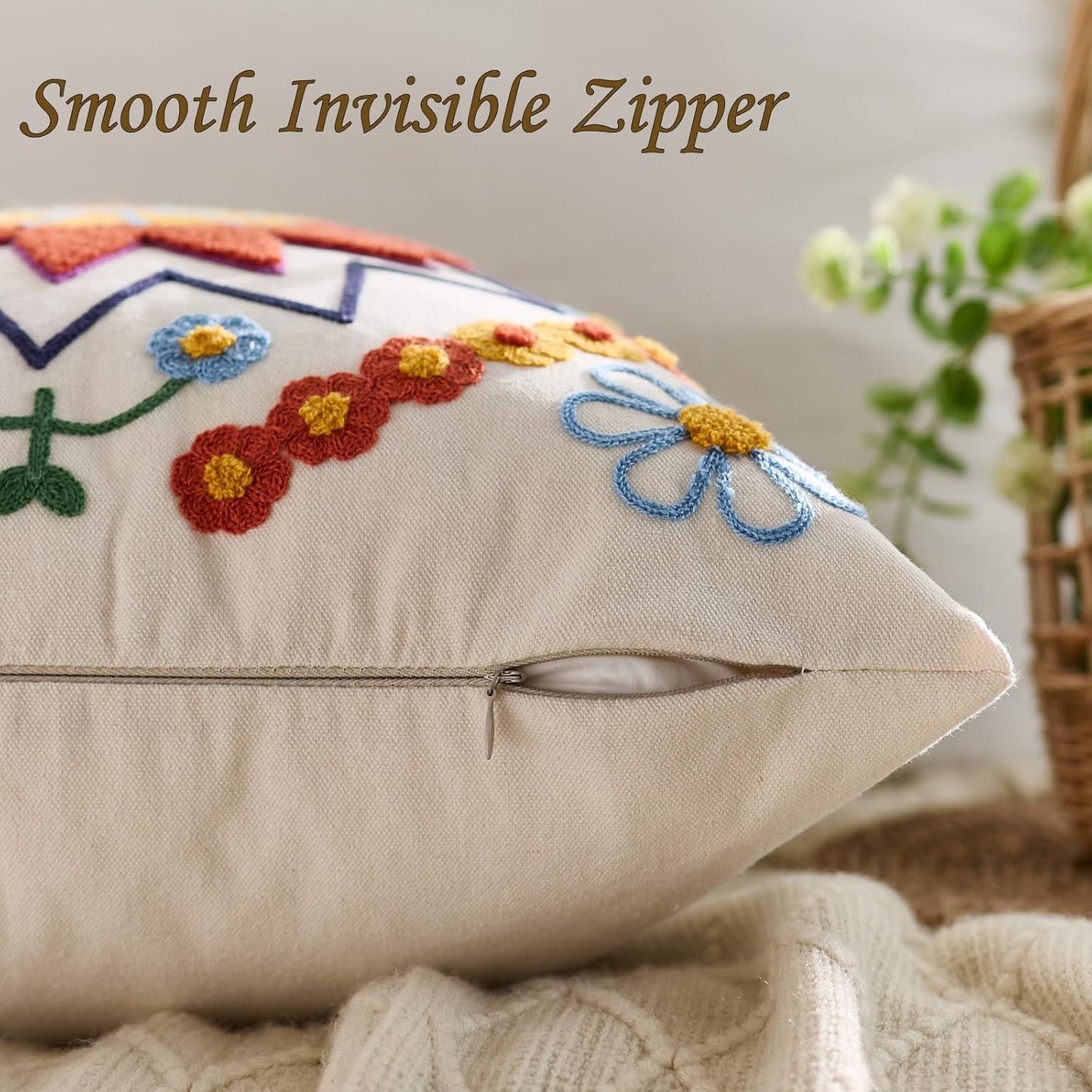 Embroidered Throw Pillow Cover 20x20 Classic Fall Boho Floral Pattern Pillows Cover Outdoor Decorative Pillowcase,Durable Cozy Textured Cushion Case for Sofa Couch Bed Living Room,Orange