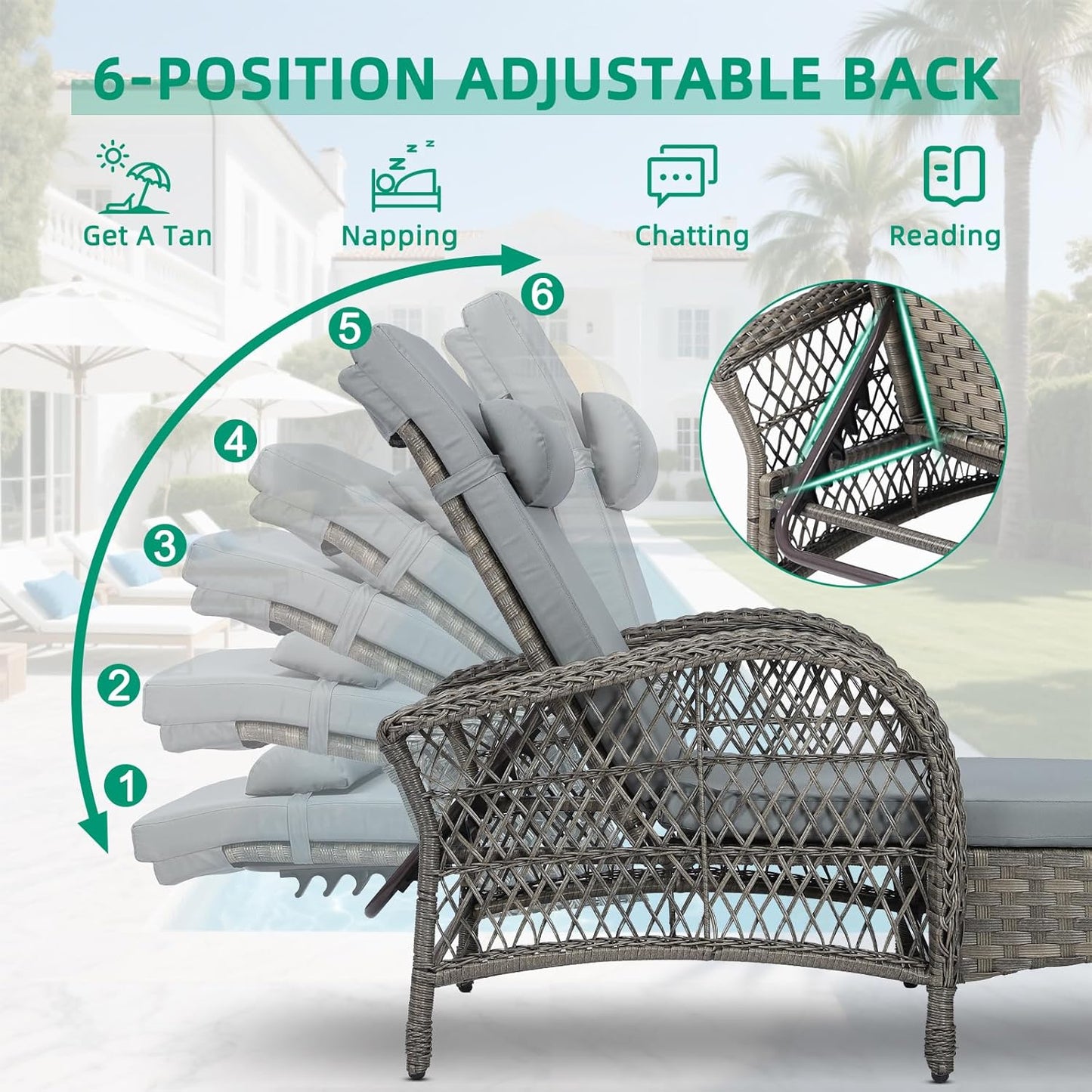 VIVIJASON Outdoor Wicker Chaise Lounge Chair Set of 2, All-Weather PE Rattan Cushioned Patio Lounger Chairs, 6-Position Adjustable Outside Pool Sunbathing Recliner with Armrest & Pillow, Gray