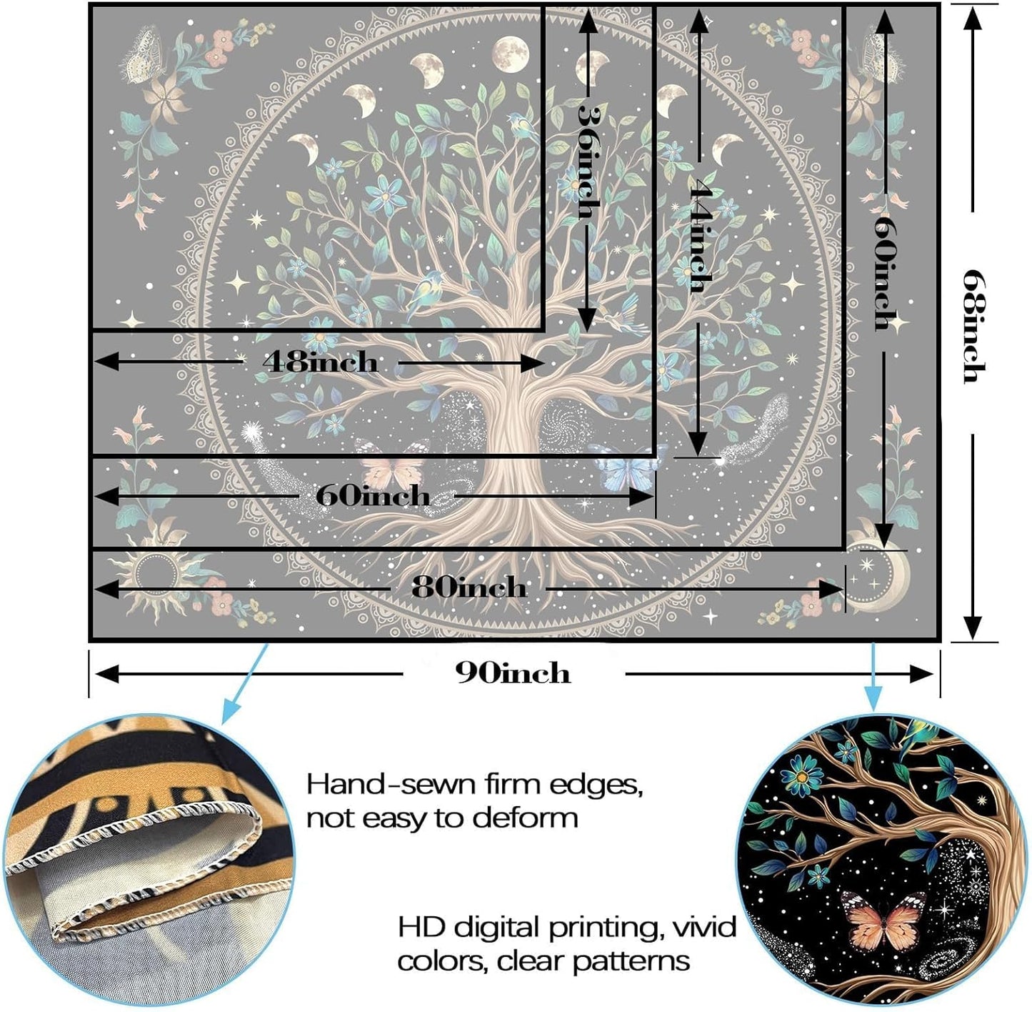Lunerfex Tree of Life Tapastry Sun and Moon Tapastry Flower Boho Tree Mandala Wall Hanging for Bedroom and Living Room Decor Green Tree 60×80 Inches