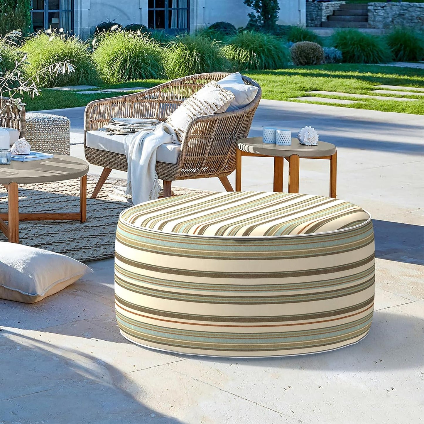 LVTXIII Outdoor Inflatable Ottoman, Fade-Resistant Round Footrest Stool D31”x H14”, Portable Patio Pouf for Garden Camping or Home Use, Stripe Onyx