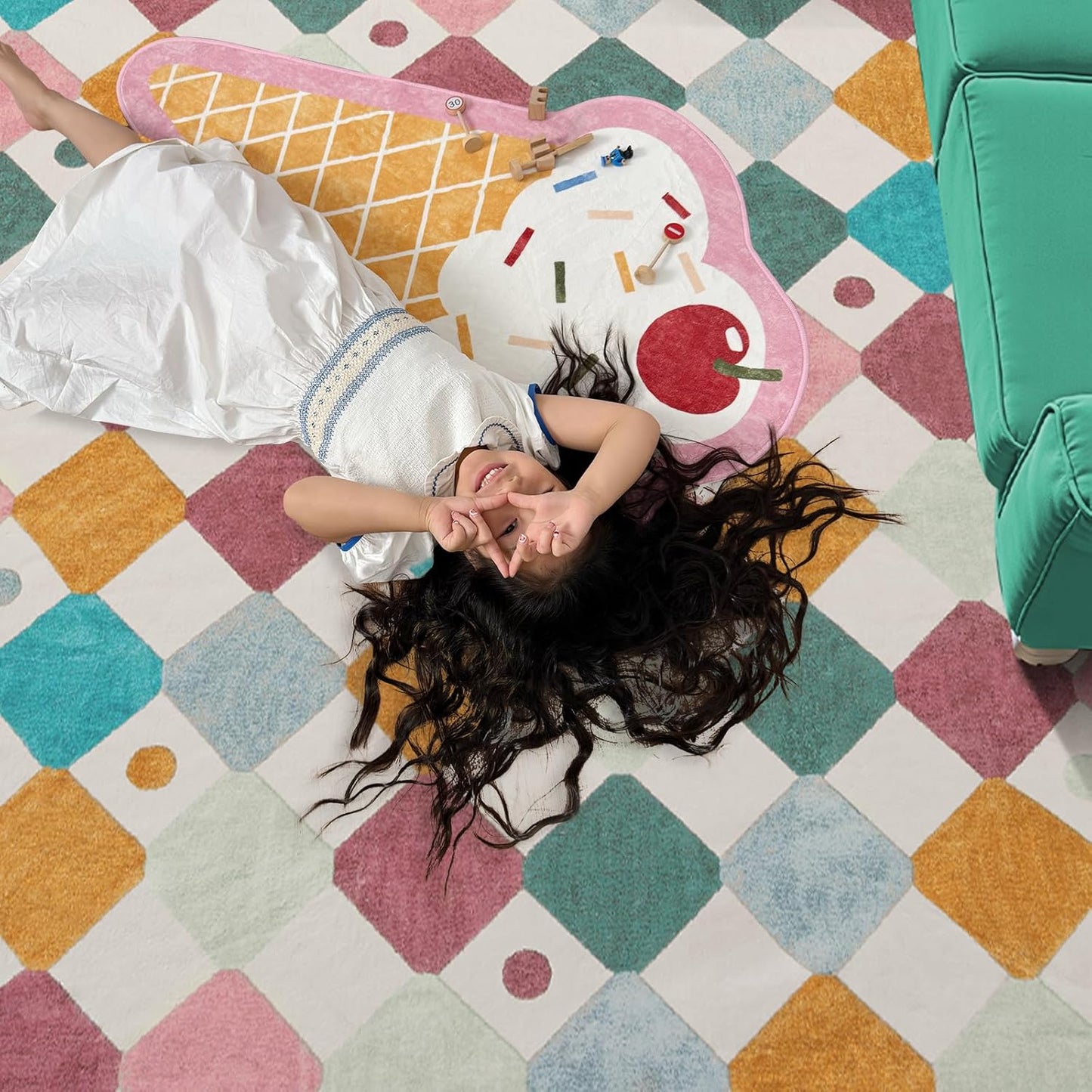 jinchan Kids Rug for Classroom 7ft Radius Corner Washable Area Rug Modern Colorful Quarter Circle Rug Soft Non-Slip Carpet for Nursery Playroom Daycare Reading Nook Living Room Confetti on Cream