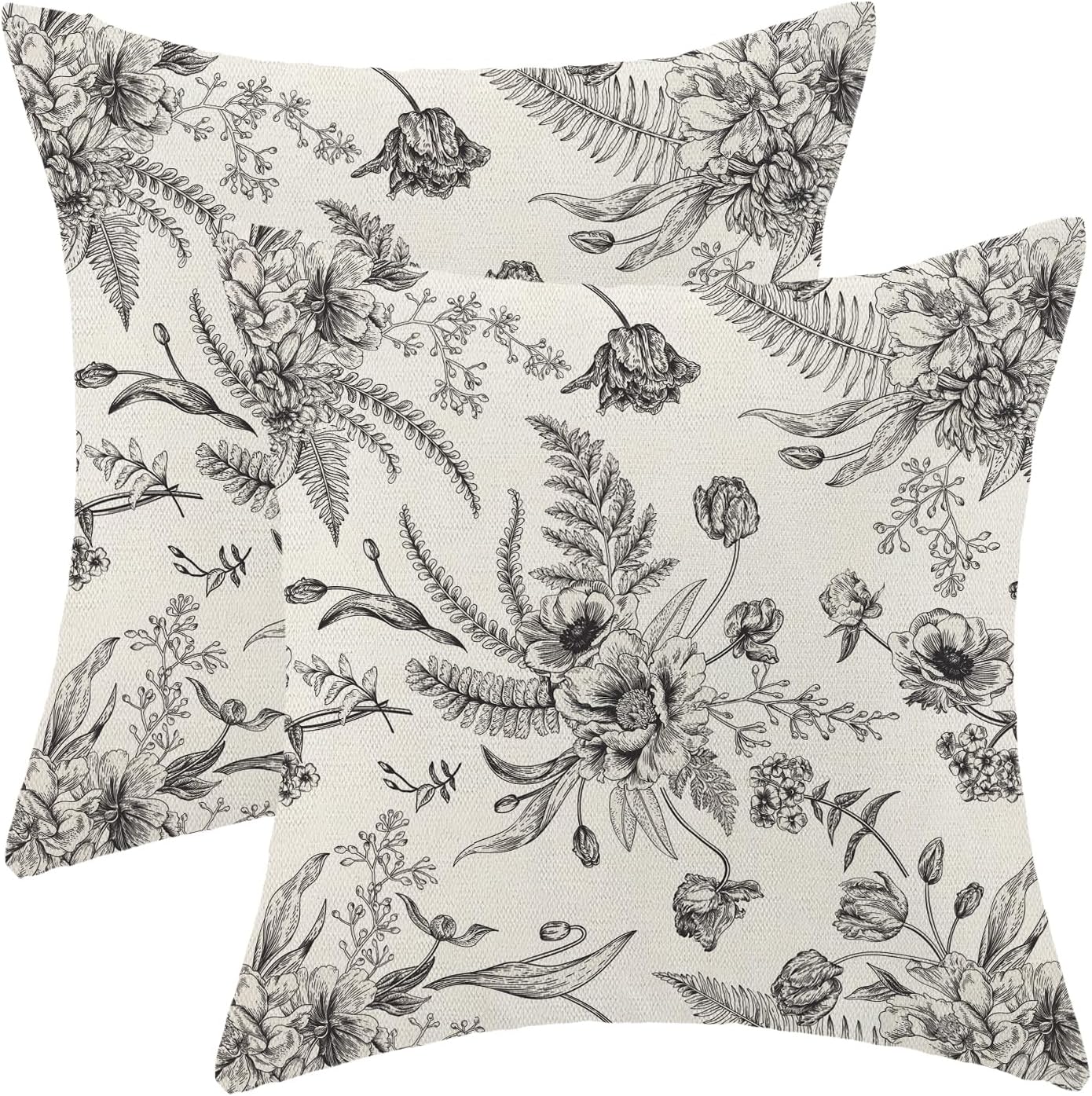 CXMEIFLY Spring Floral Leaves Pillow Covers 20 x 20 Inch Set of 2 for Chinoiserie Flowers Decor Throw Pillows Black and White Seasonal Plant Outdoor Decorative Cushion Cases for Couch Bed Decorations