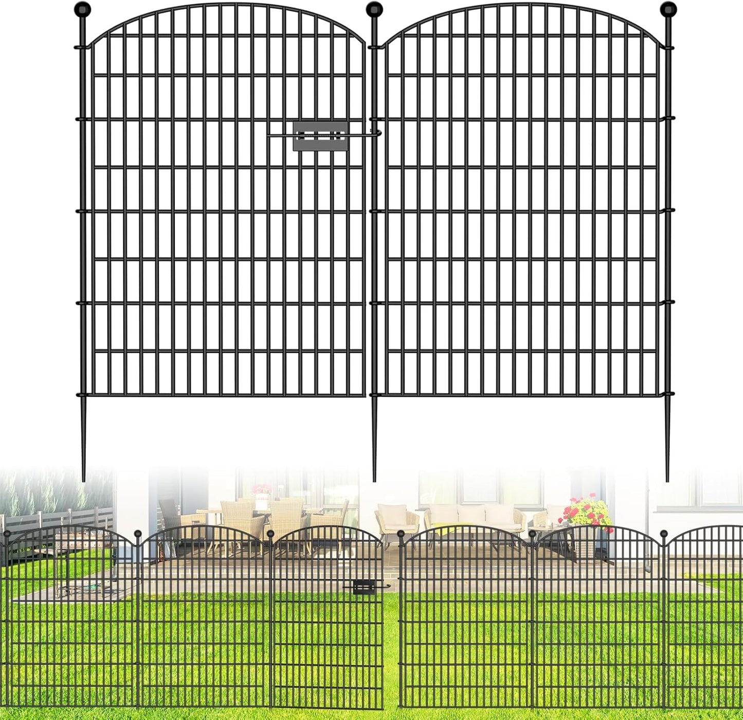 No Dig Decorative Garden Fence 5 Panels with Gate, 40 in (H) x 11.8 ft (L), Dog Fence Outdoor for Yard,Rustproof Metal Animal Barrier Ground Stakes Fencing for Garden, Patio, Flower Bed