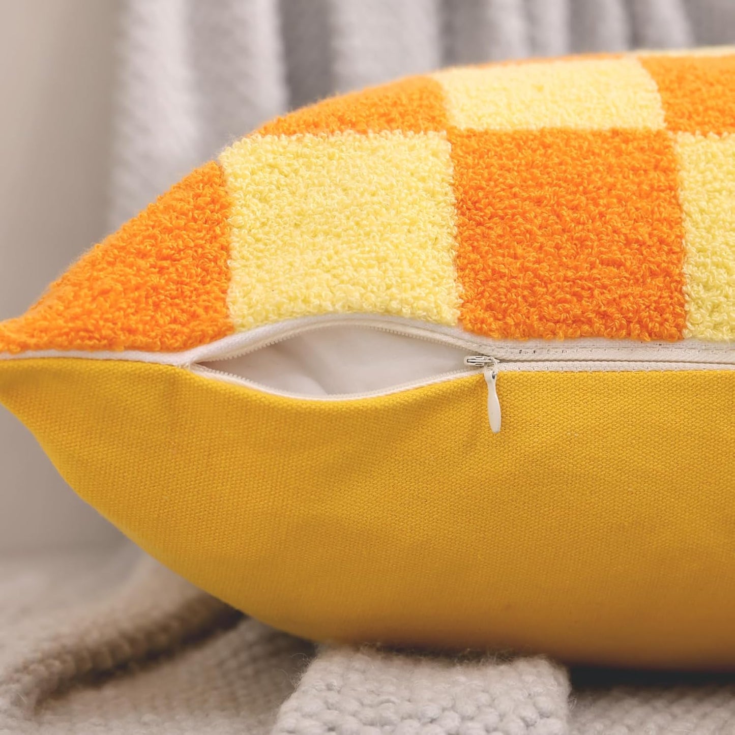 Alysheer Checkered Embroidered Decorative Throw Pillow Covers 18"x 18" Set of 2, Farmhouse Boho Orange Yellow Plaid Tufted Patterned Cotton Canvas Cushion Case for Sofa Couch Bed Living Room Outdoor