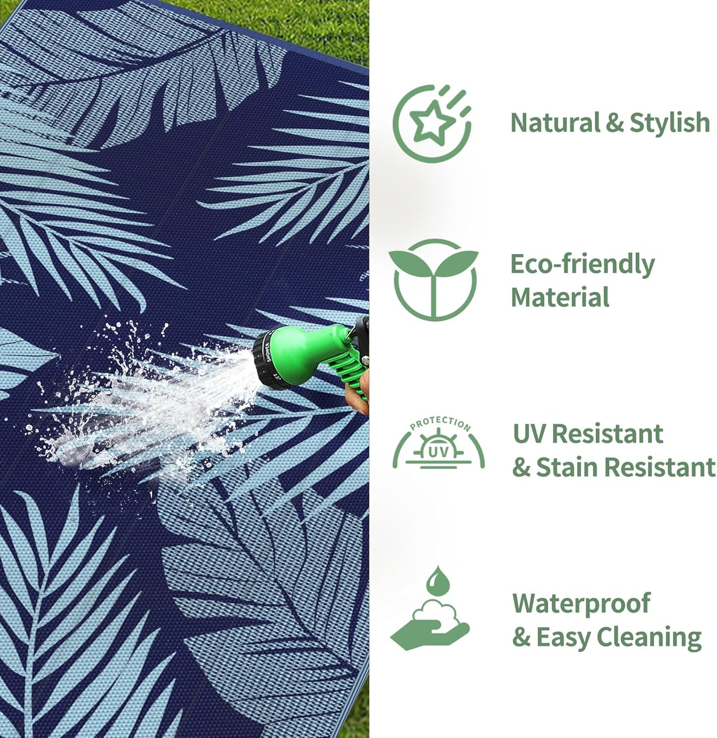 GENIMO Outdoor Rug 9' x 12' Waterproof for Patios Clearance, Reversible Outdoor Plastic Straw Camping Rug Carpet, Large Area Rugs Mats for RV, Camper, Deck, Balcony, Porch, Beach, Navy Blue&Baby Blue