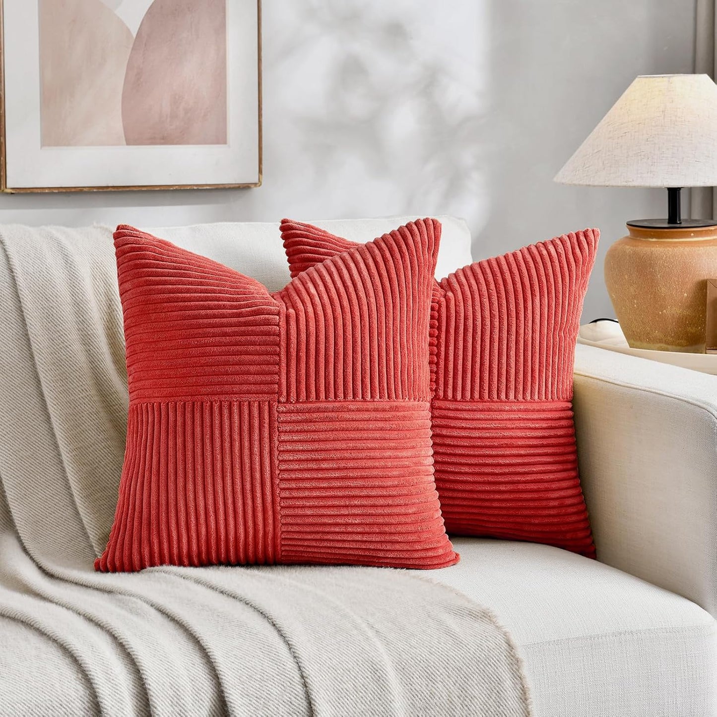 Fancy Homi 2 Packs Red Decorative Throw Pillow Covers 16x16 Inch for Living Room Couch Bed Sofa, Holiday Christmas Home Decor Gift, Soft Corss Patchwork Corduroy Textured Square Cushion Case 40x40 cm