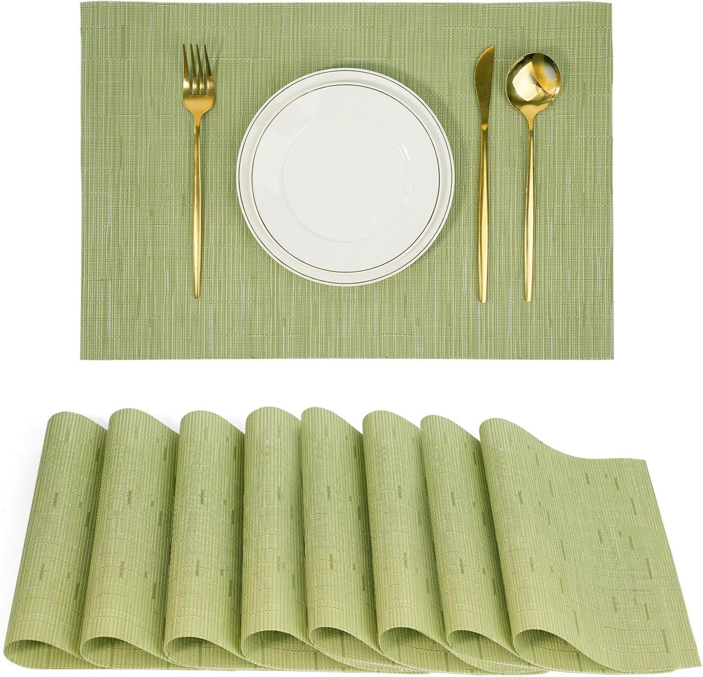Placemats Set of 8,Non-Slip PVC Weave Table Mats Easy to Clean,Heat Resistant Place Mats for Kitchen Dining Table Decoration Indoor Outdoor,Pea Green