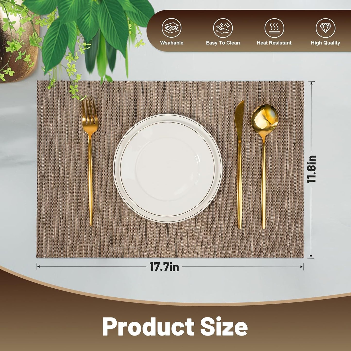 Placemats Set of 6,Non-Slip PVC Weave Table Mats Easy to Clean,Heat Resistant Place Mats for Kitchen Dining Table Decoration Indoor Outdoor,Light Brown