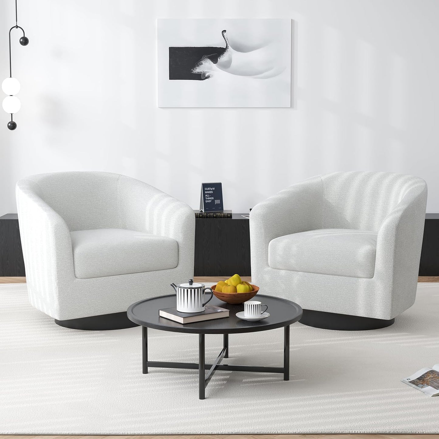 Swivel Barrel Accent Chair, Modern Round Chenille Fabric Arm Chair for Living Room, Bedroom, Comfy Club Reading Chairs for Adults(Chenille Fabric, Beige, Set of 2