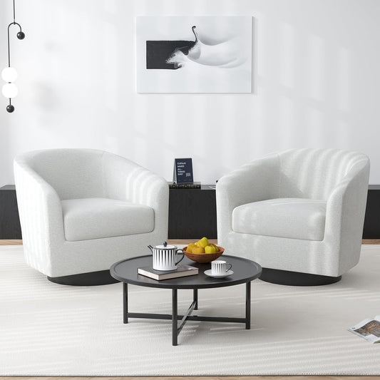 Swivel Barrel Accent Chair, Modern Round Chenille Fabric Arm Chair for Living Room, Bedroom, Comfy Club Reading Chairs for Adults(Chenille Fabric, Beige, Set of 2