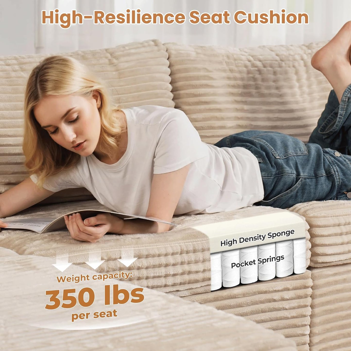 ovios Sectional Sofa Couch with U-Shape Chaise Ottomans, Comfy Modular Cloud Couches with Deep Seat, Modern Upholstered Plush Corduroy Sofas Set for Living Room, 6-Seater, Beige