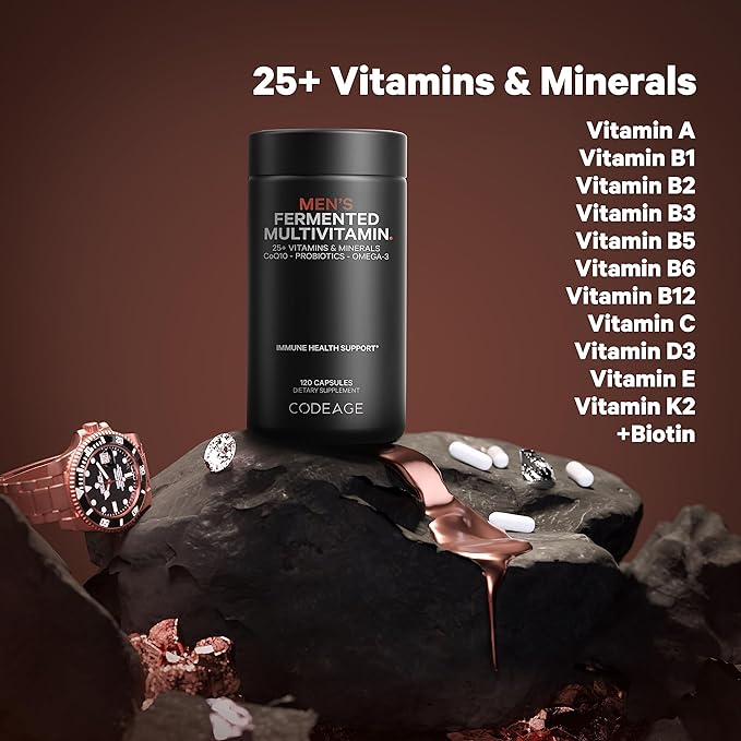 Codeage Men’s Daily Multivitamin Supplement, 25+ Vitamins & Minerals For Adults, Organic Whole Foods Vitamins For Men, Vitamin A, B Vitamins, Vitamin C, D, E, K, Probiotic, Zinc, Omega-3, 120 Capsules