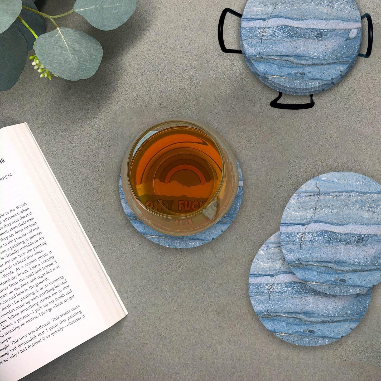 Emerson Coasters for Drinks Absorbent – Natural Stone Drink Coasters Set with Holder, Coasters for Coffee Table, Wooden Tabletop Protection Marble Style – 100% Heavy Duty Set of 6 (Beach)