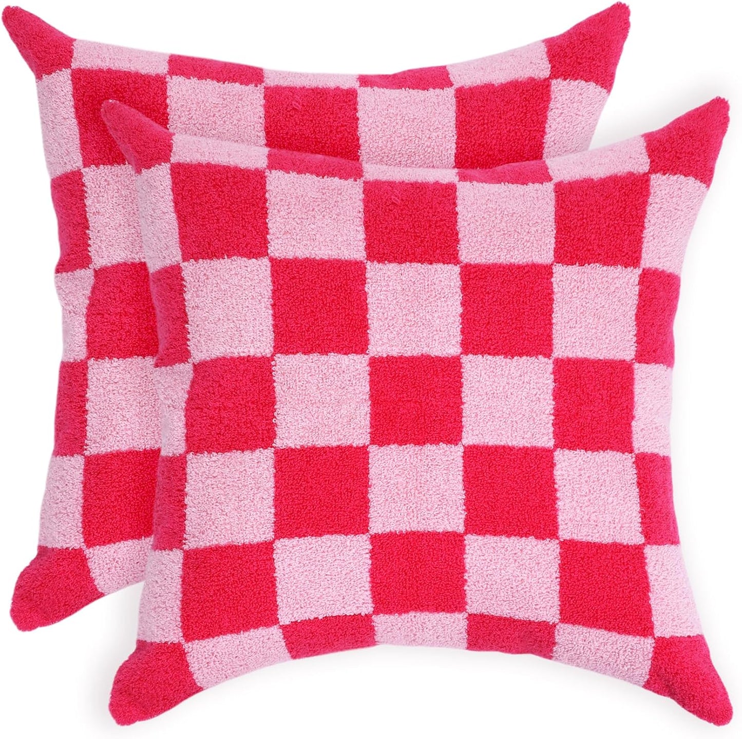 Alysheer Checkered Embroidered Decorative Throw Pillow Covers 18"x 18" Set of 2, Farmhouse Cottage Hot Pink Plaid Tufted Patterned Cotton Canvas Cushion Case for Sofa Couch Bed Living Room
