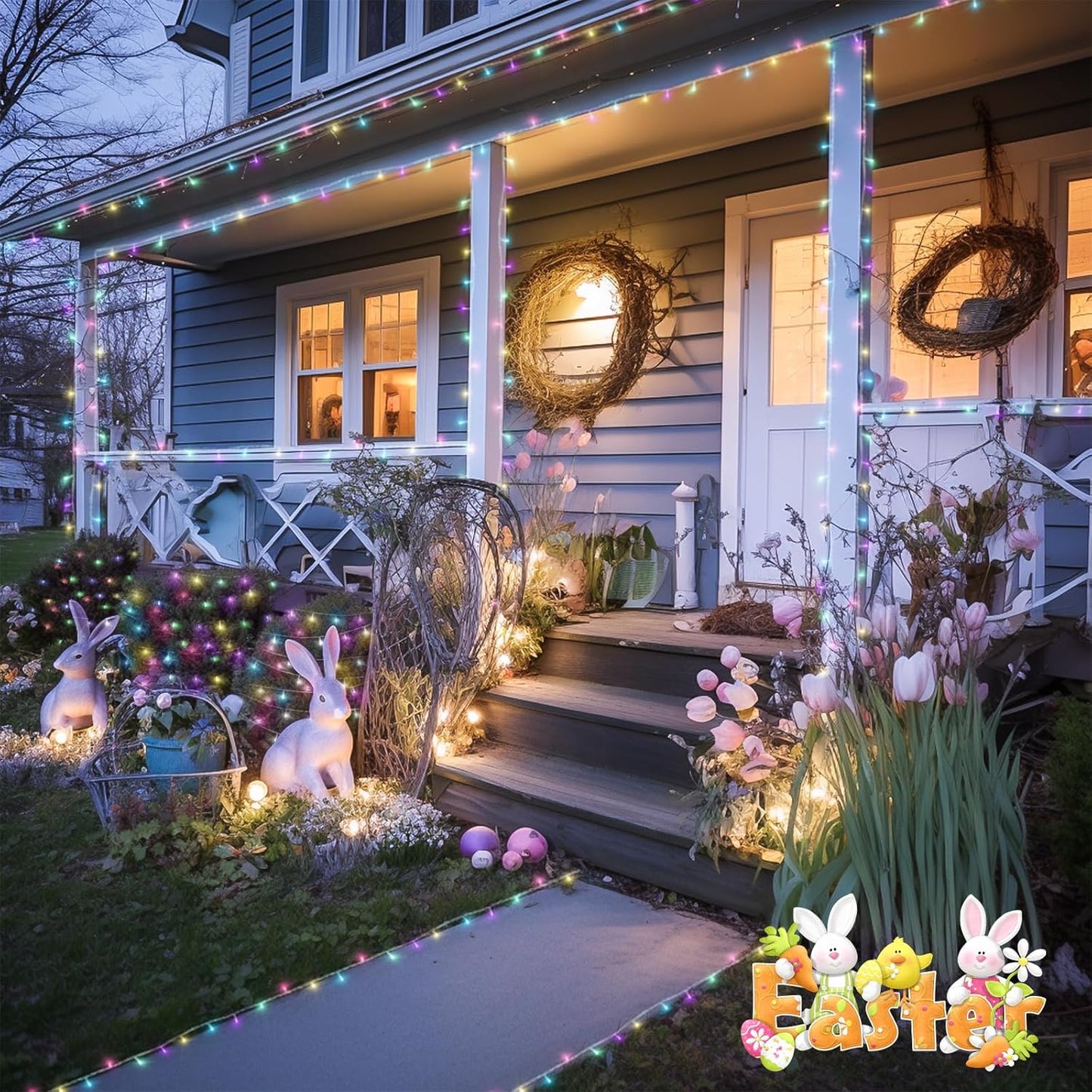 JMEXSUSS 2 Pack Easter Lights Battery Operated Outdoor Indoor, Total 66ft 200 LED Multicolor Easter String Lights for House Porch Yard Garden Tree Decorations