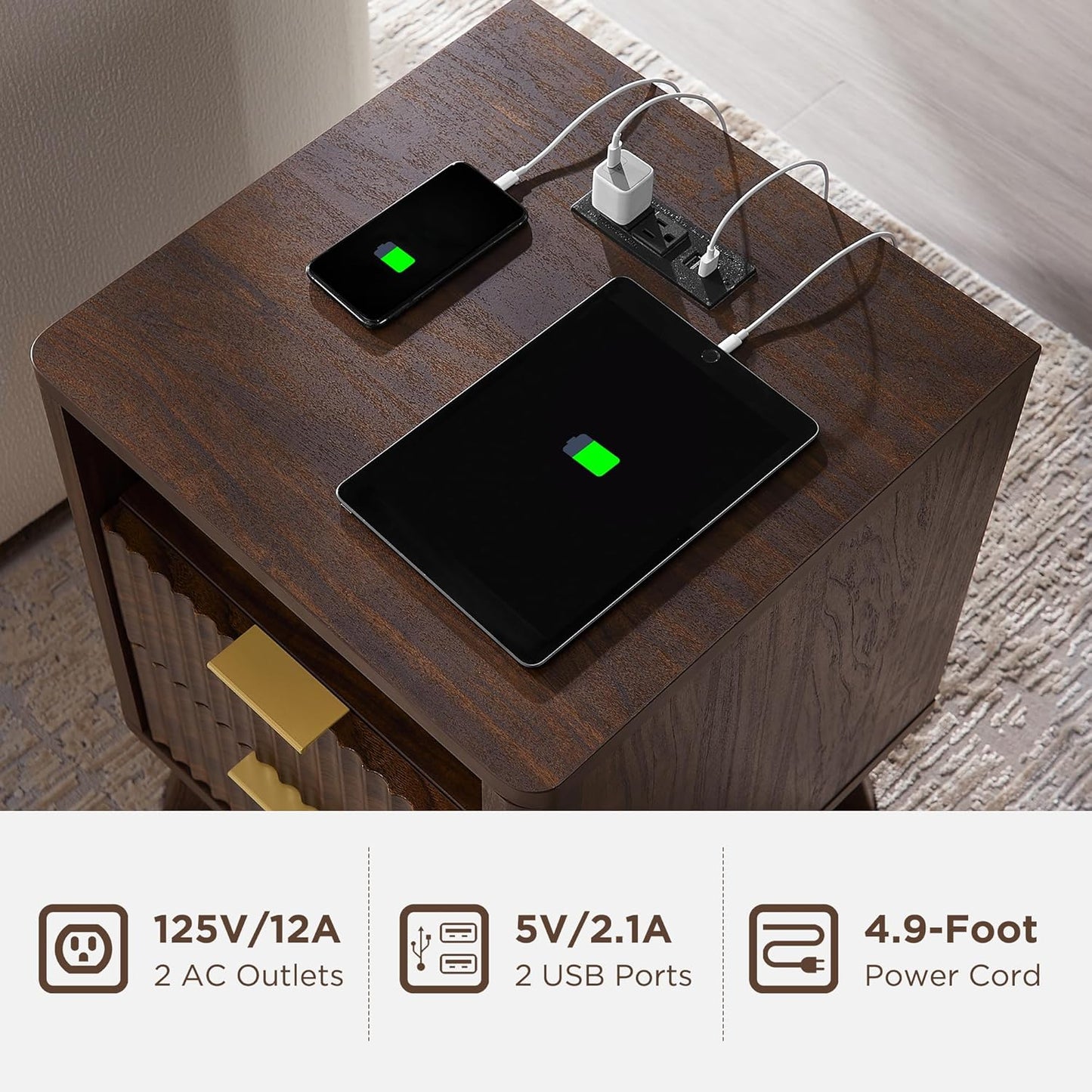 T4TREAM Fluted Nightstand with Charging Station, 18" Modern Side Table, 2 Drawers End Table with Storage, Bedside Table for Bedroom, Living Room, Curved Profile Design, Dark Walnut